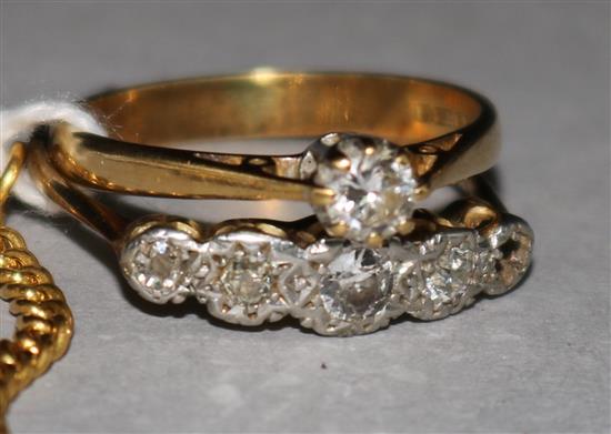 An 18ct gold diamond solitaire ring, a diamond-set half-hoop ring and a yellow metal chain (a.f).